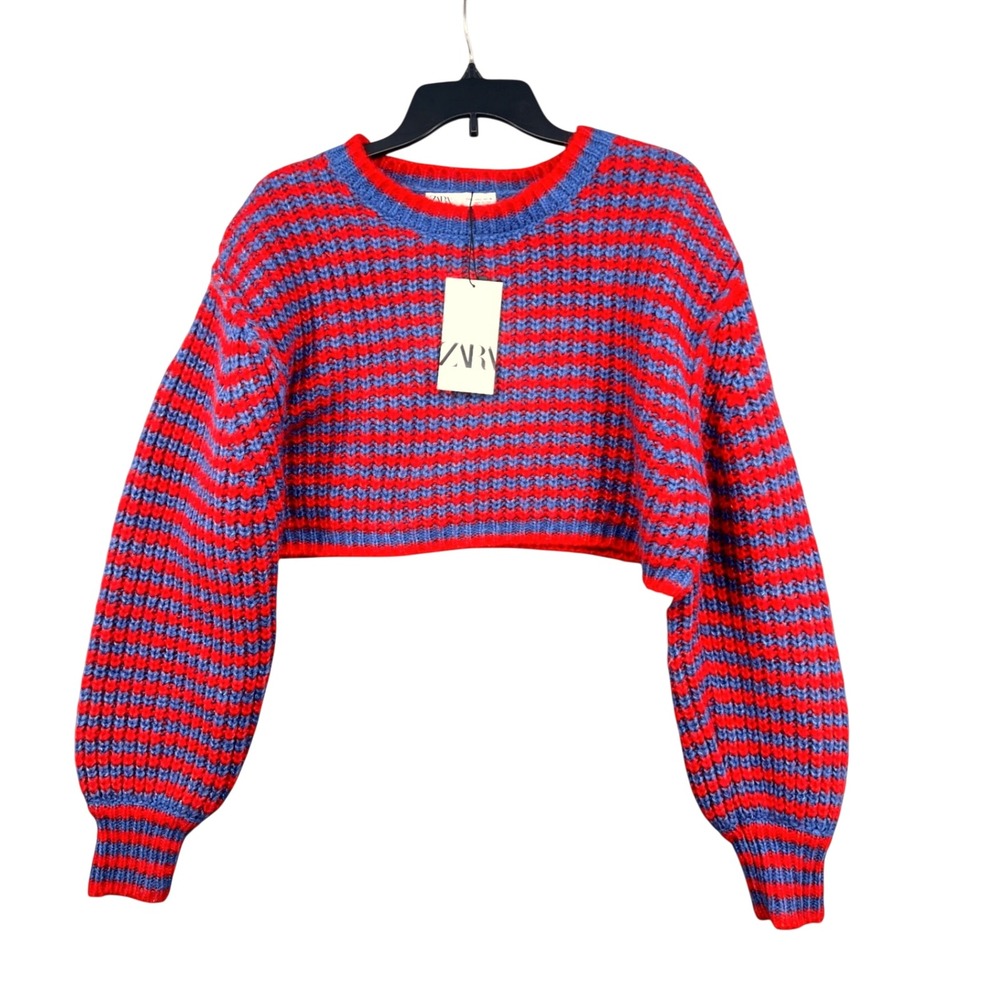 Zara Striped Knit Sweater Womens L Red Blue Cropped Wool Alpaca Y2K Indie NWT
